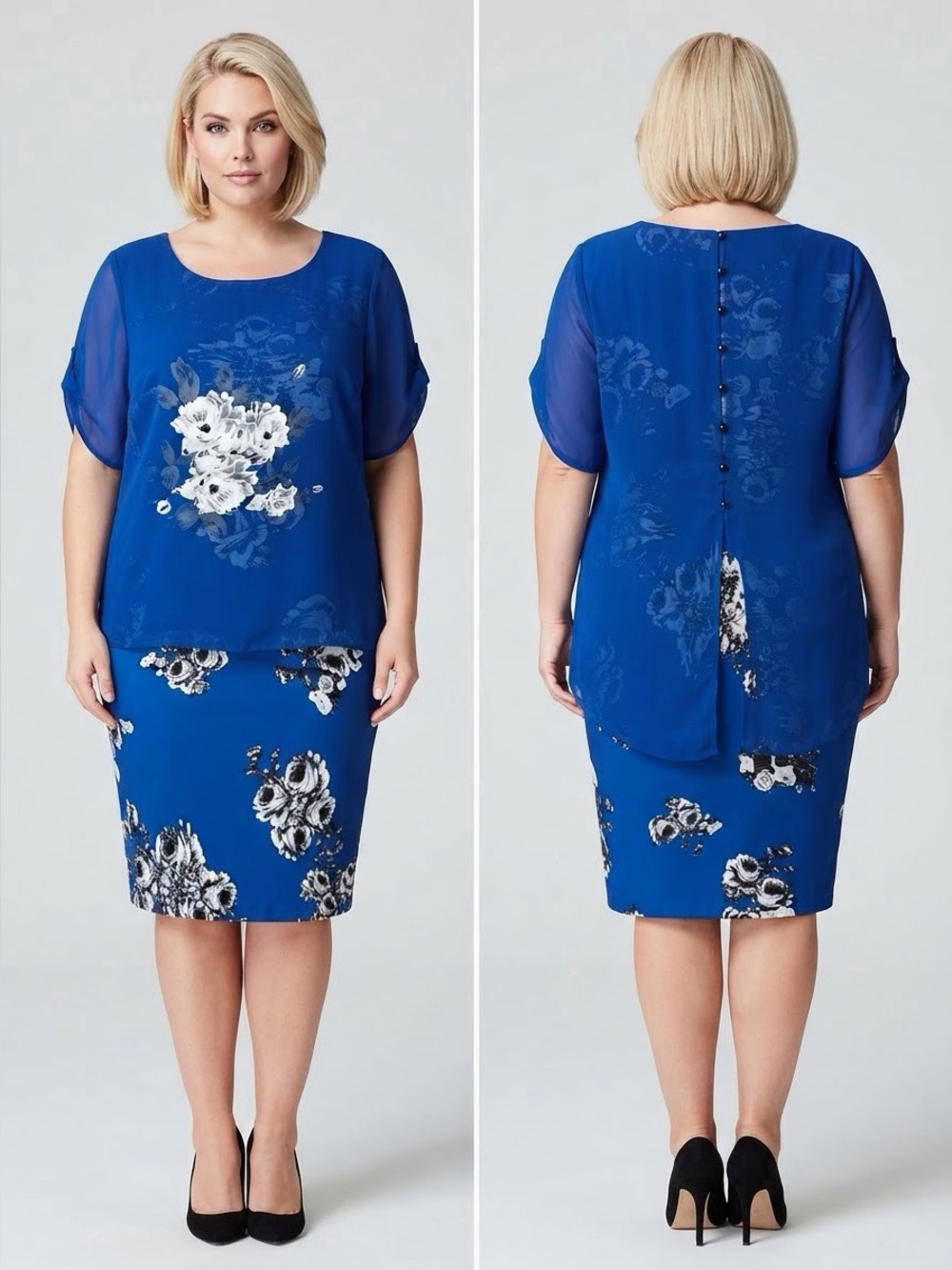 STELLA PLUS SIZE CHIFFON OVERLAY‎ DRESS SHORT SLEEVES IN ROYAL BLUE FLORAL PRINT